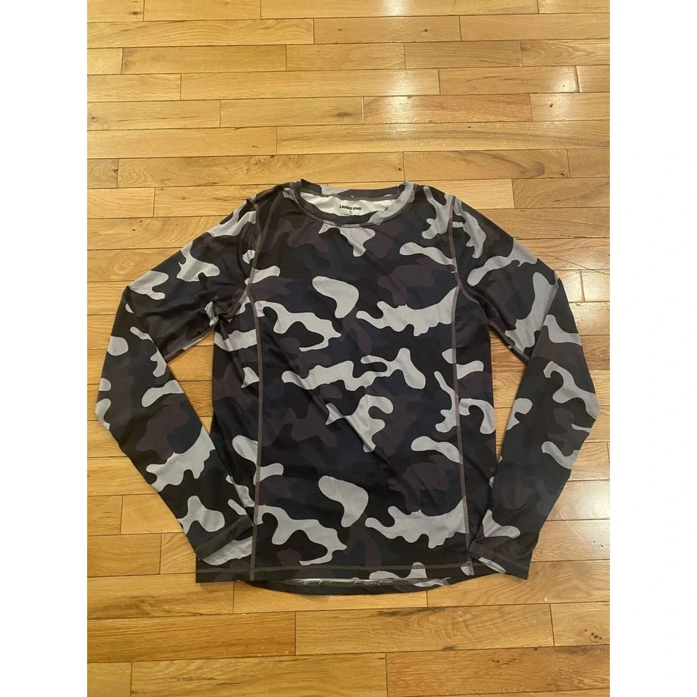 Lands End Boys XL 18-20 Rash‎ Guard Long Sleeve Camo Swim Shirt Grey Black